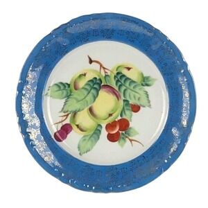 Vintage Hand Painted Fruit Porcelain Scalloped Plate Cobalt Blue Gold Filigree